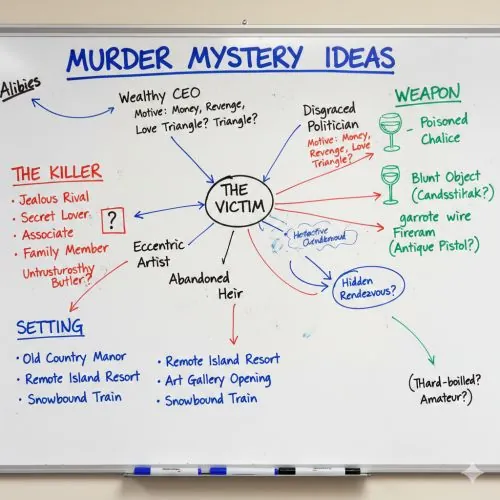 Whiteboard brainstorm for a murder mystery story in red, blue and green marker around a central circle