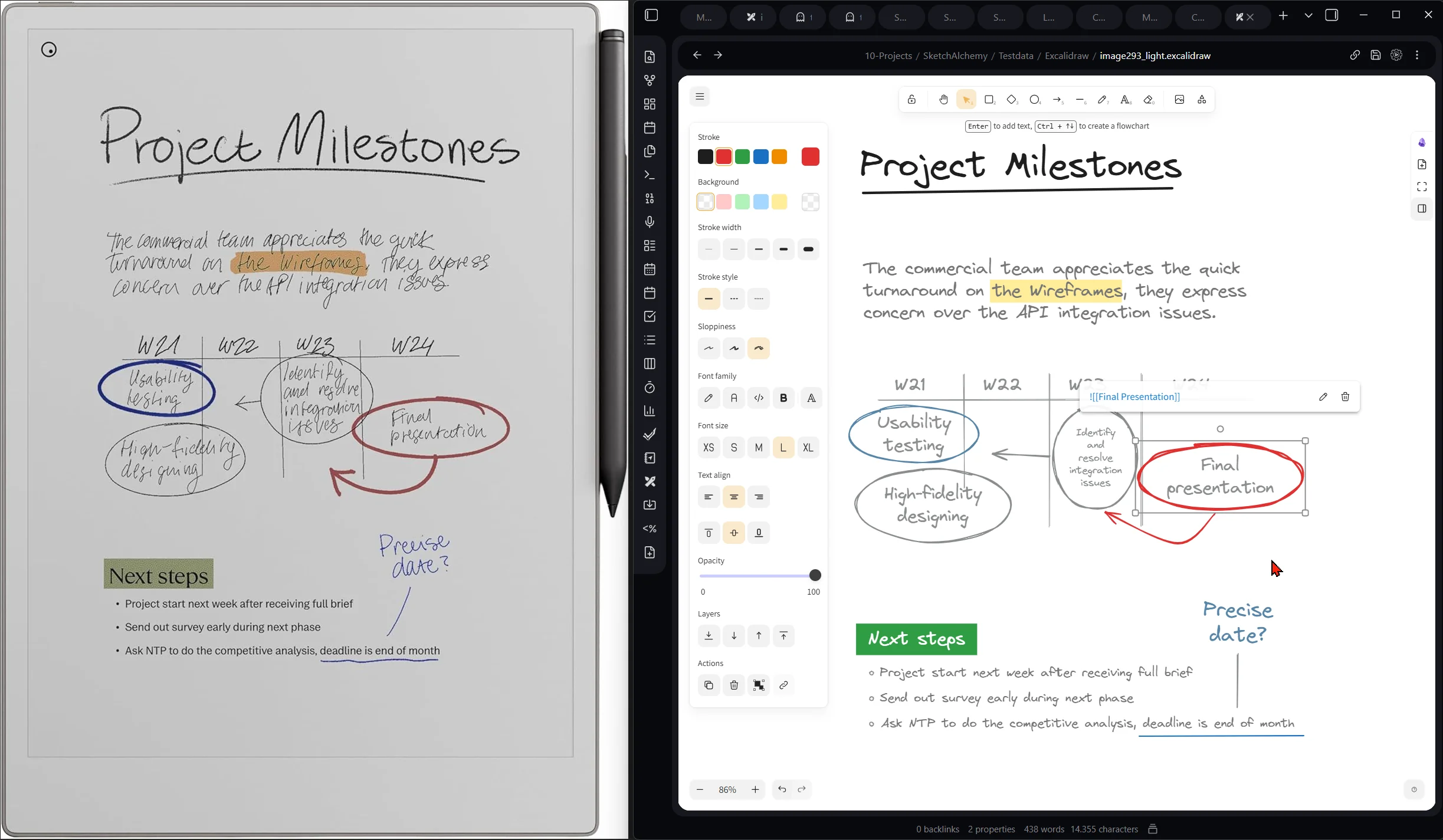 A handwritten 'Project Milestones' page on a reMarkable tablet next to the same diagram converted and open in an Obsidian note via the Excalidraw plugin, light theme